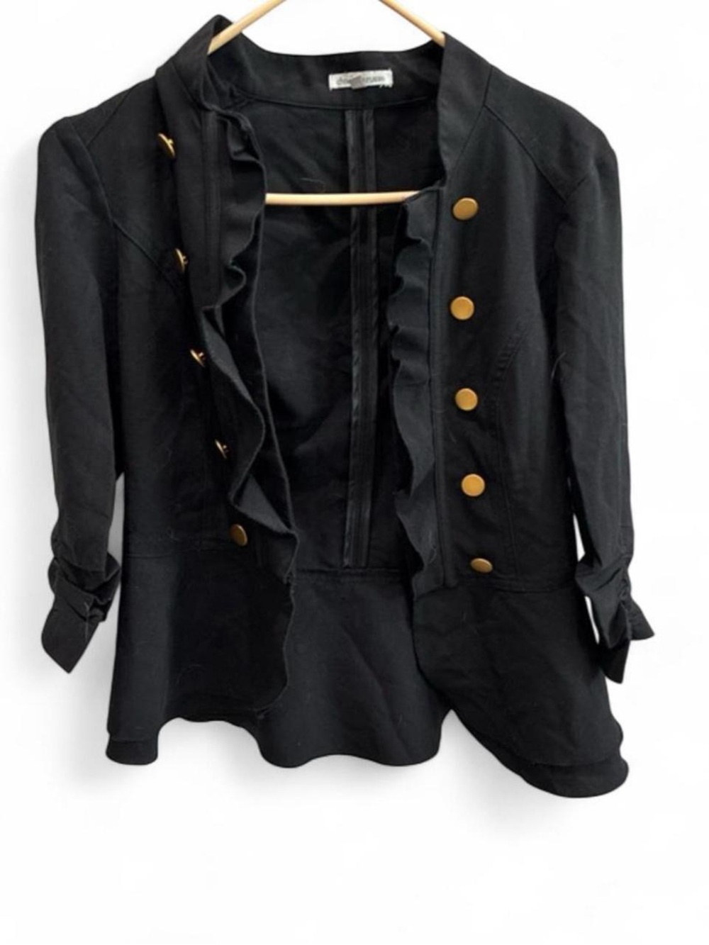 Black Ruffled Military-Style Jacket Gold Buttons Dark Academia Romantic Goth